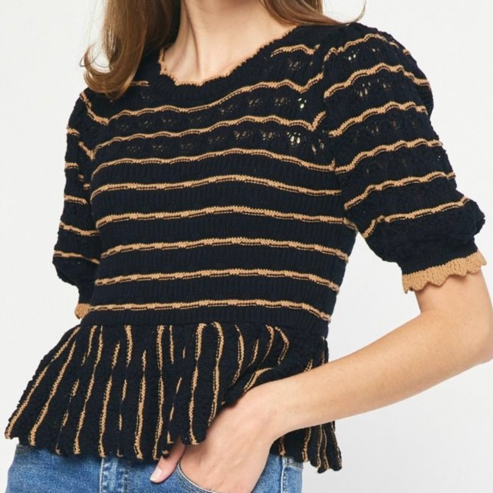 Entro Blouse Women's Small Black Striped Short Sleeve Knit 100% Cotton New $58